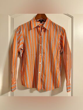 CHAPS Petite Top Shirt Womens P/L Orange Stripe Button 3/4 Sleeve Preppy